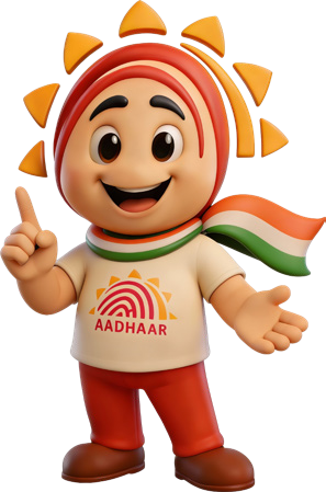 Udai, the official Aadhaar mascot, pointing toward Aadhaar services